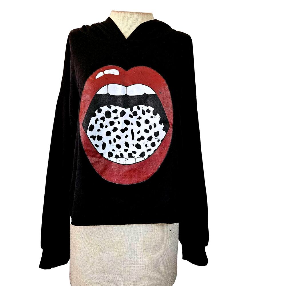 Black Crop Hoodie with Lips Print Size Medium